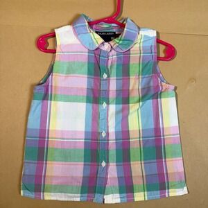Ralph Lauren Plaid Sleeveless Top Pastel Button Down Shirt Girl's Size 6